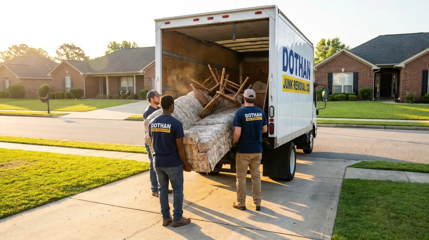 Junk removal crew loading truck in Dothan AL — Dothan Junk Removal Co. same-day service