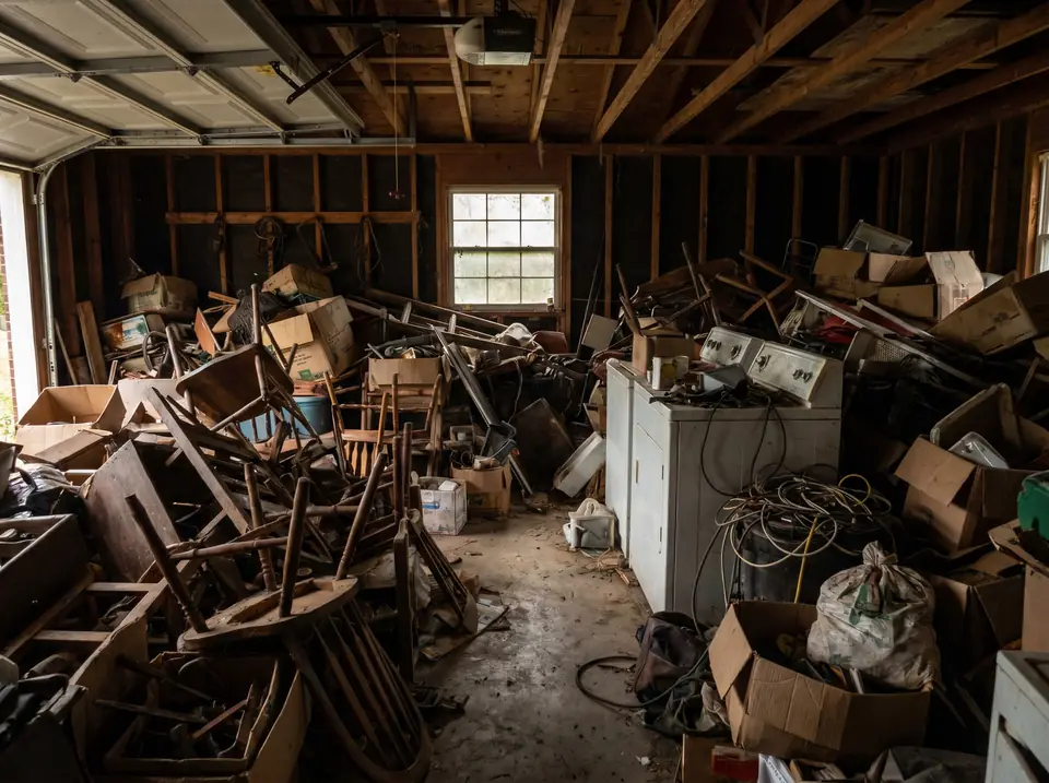 Cluttered garage before professional junk cleanout service in Dothan Alabama - Dothan Junk Removal Co.